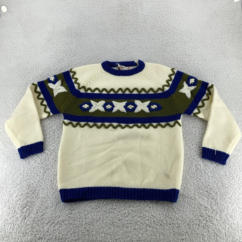 Vintage 70s Kimlon 3D Embroidered Chunky‎ Knit Sweater XS Shoulder Zipper Korea
